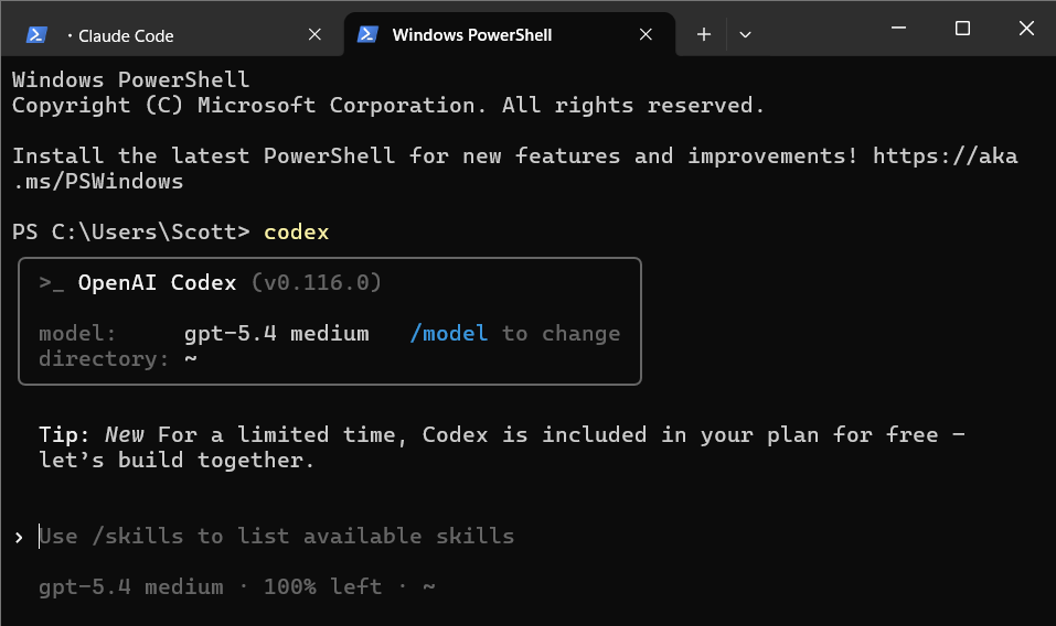 Codex running in a PowerShell terminal